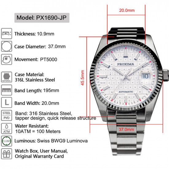 PX1690-JP 37mm Men Dress Watch Luxury Sapphire PT5000 Keyboard Dial Automatic Mechanical Watches 20Bar Waterproof Luminous