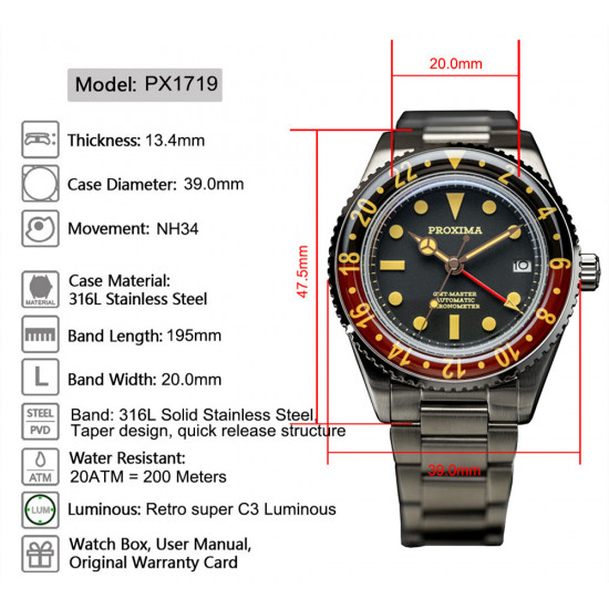 2024 New PX1719 NH34 GMT Luxury Sports Style Full Luminous Bidirectional Sapphire Bezel Automatic Mechanical Watch 20 Bar