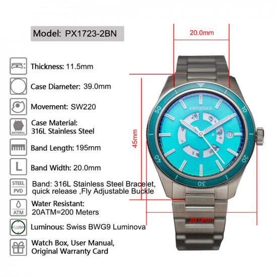 Proxima PX1723 Luxury Men Watch SW220 Movement Sunburst Dial Automatic Sapphire Crystal BGW9 Super Luminous 200M Waterproof