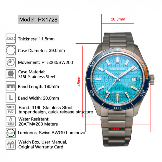 Proxima PX1728 New Men's Automatic Mechanical Watches Keyboard Dial 39mm Sapphire Stainless Steel Waterproof Watch Reloj Hombre